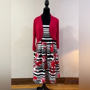 Jessica Howard Vibrant Dress with Detached Red Cardigan